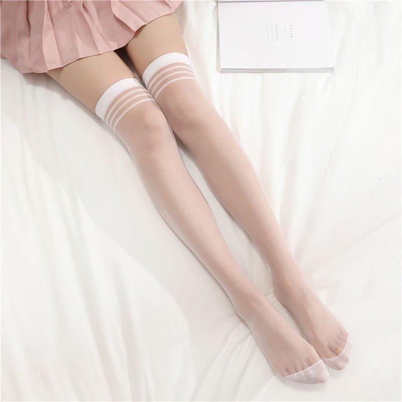 Tất đùi/vớ đùi mỏng, tất dài qua gối viền kẻ ngang thoáng mát dành cho mùa hè, nhiều màu Cotton Nữ women