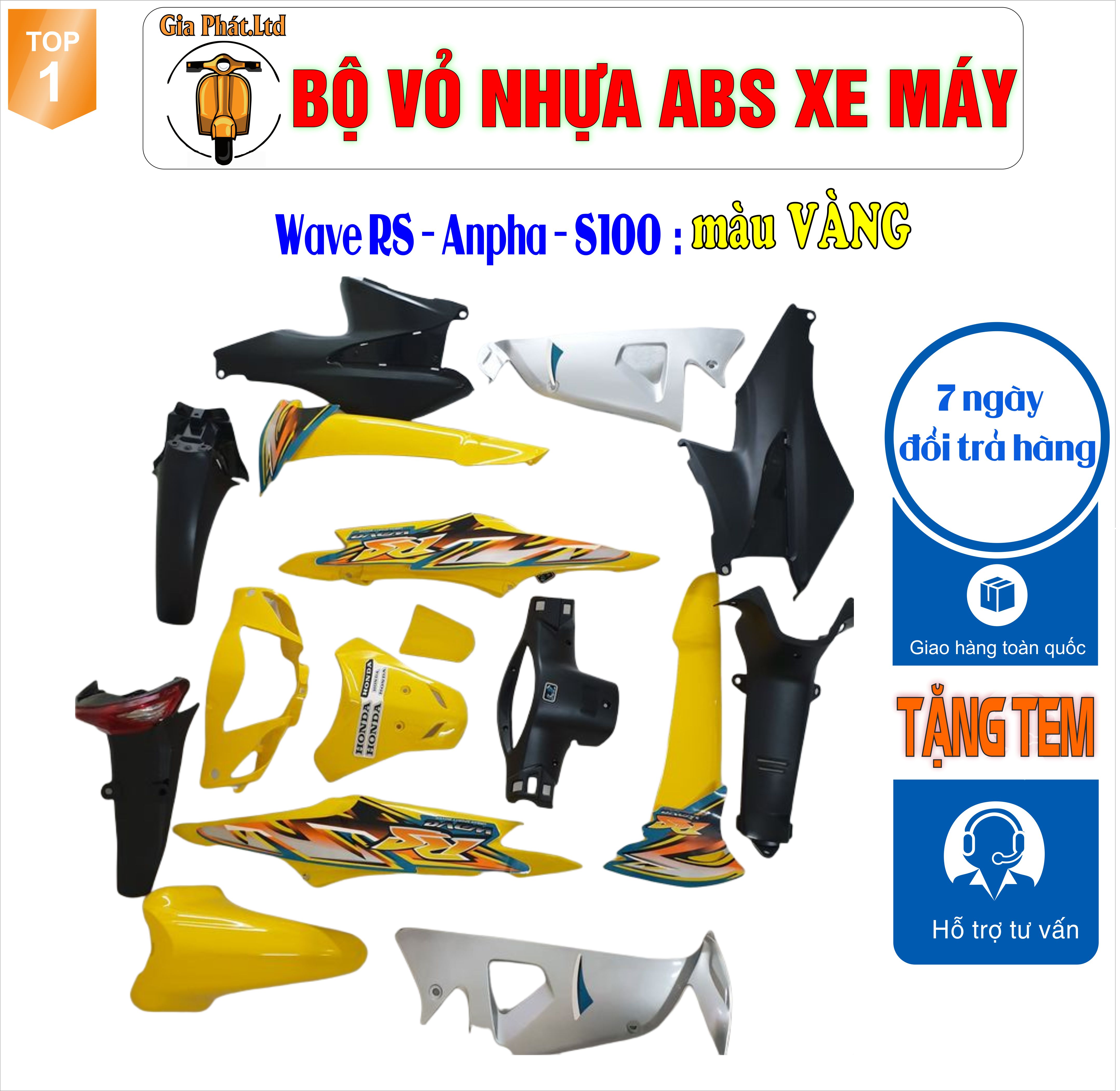 [tặng tem ] Dàn áo xe Wave RS - wave alpha - wave s100, nhựa ABS nguyên sinh màu VÀNG_TKB_1396(2197)