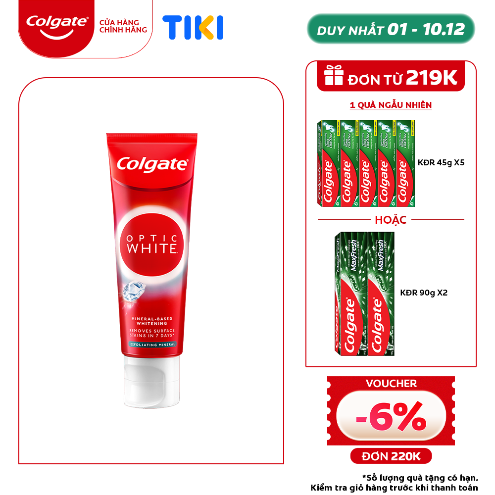 Kem Đánh Răng Colgate trắng răng Optic White Exfoliating Mineral cho răng sáng bóng 100g/tuýp