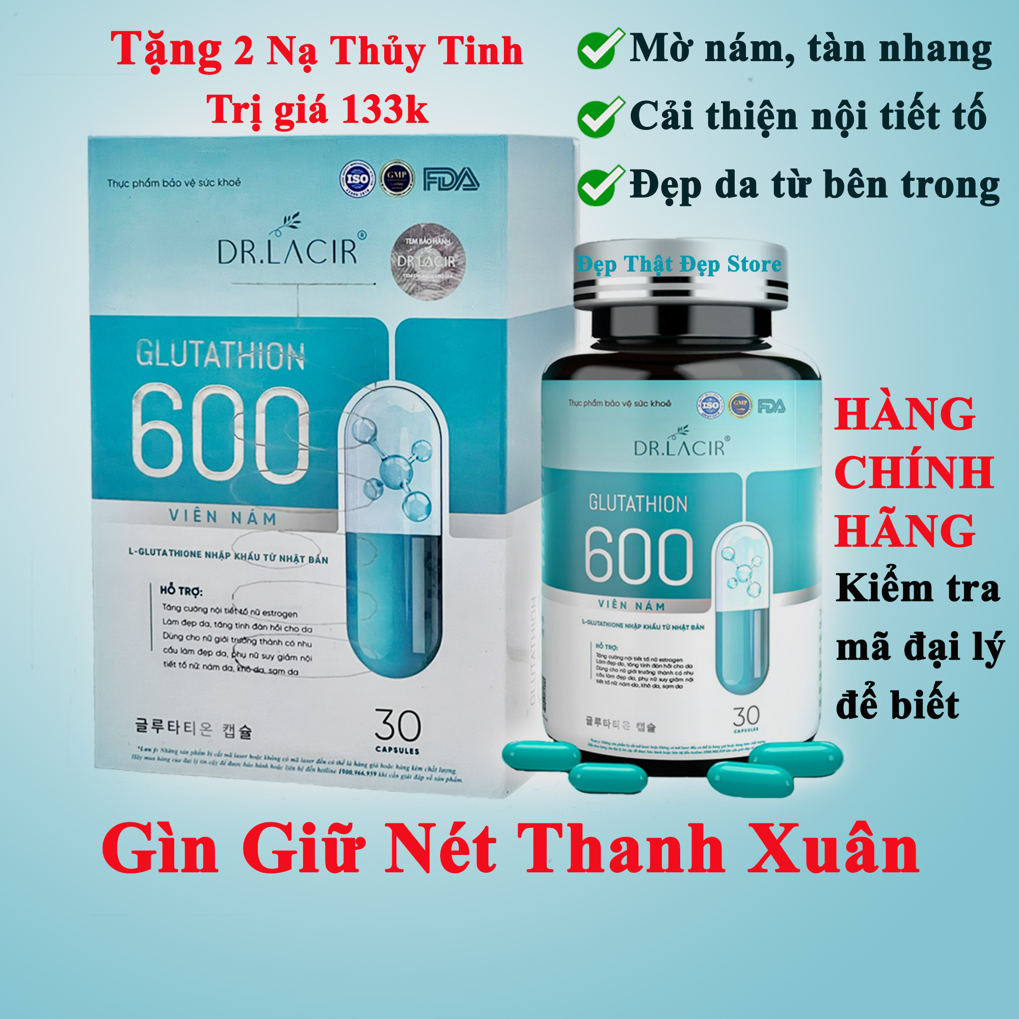 Glutathione 600 - Viên Uống Trắng Da Glutathione Dr.Lacir :Đẹp Da, Mờ Nám, Cân Bằng Nội Tiết Tố (Chính Hãng Dr Lacir)