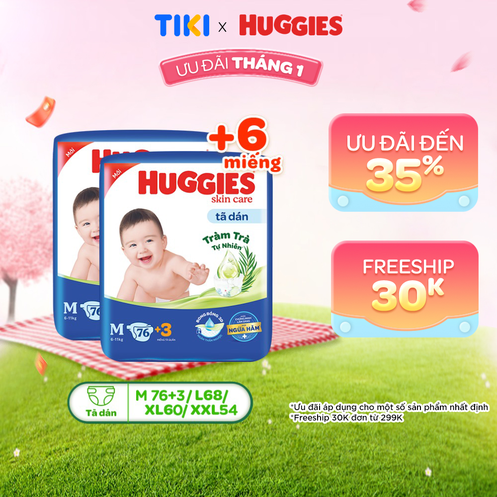 Combo 2 Tã/bỉm dánHuggies Skincare Super Jumbo M76+3/L68/XL60/XXL54