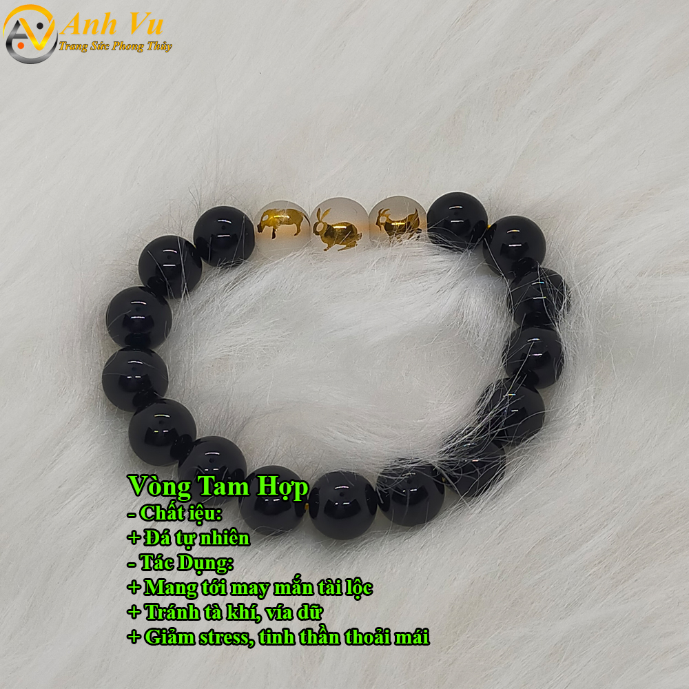 Vòng tam hợp hợi mão mùi chất liệu đá mã não đen - Size 8 10 12 ly cho người mệnh mộc, mệnh thủy - có khai quang điểm nhãn may mắn tài lộc - bảo hành 12 tháng - PHONG THỦY ANH VŨ