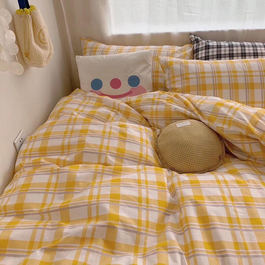 Bộ chăn ga Cotton Poly M2T bedding chăn ga Hàn Quốc kẻ vàng mẫu mới đủ size miễn phí bo chun