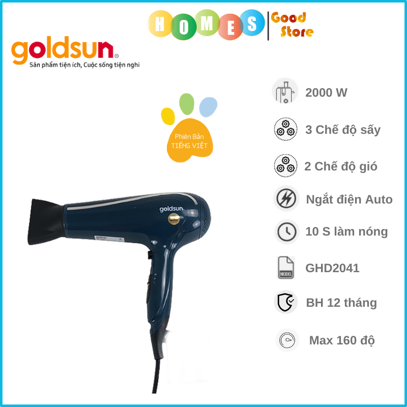 Máy Sấy Tóc GOLDSUN GHD2041 Thanh Lịch, 3 Chế Độ Chỉnh, Công Suất 2000W - Hàng Chính Hãng