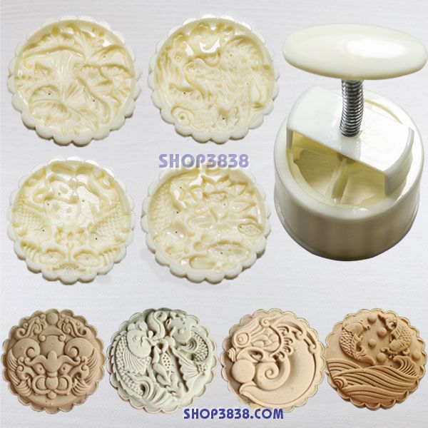 Bộ Khuôn Lò Xo Làm Bánh Trung Thu 4 Mặt 125-150-180gr Cá Chép Hóa Rồng