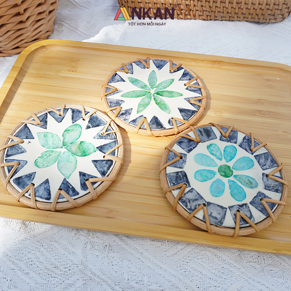 Đế Lót Ly Mây Khảm Trai Tròn ANKAN (10cm) - Lót Cốc Thủ Công Mỹ Nghệ Decor Bàn Ăn, Chụp Ảnh Sang Trọng - Hàng Xuất Khẩu