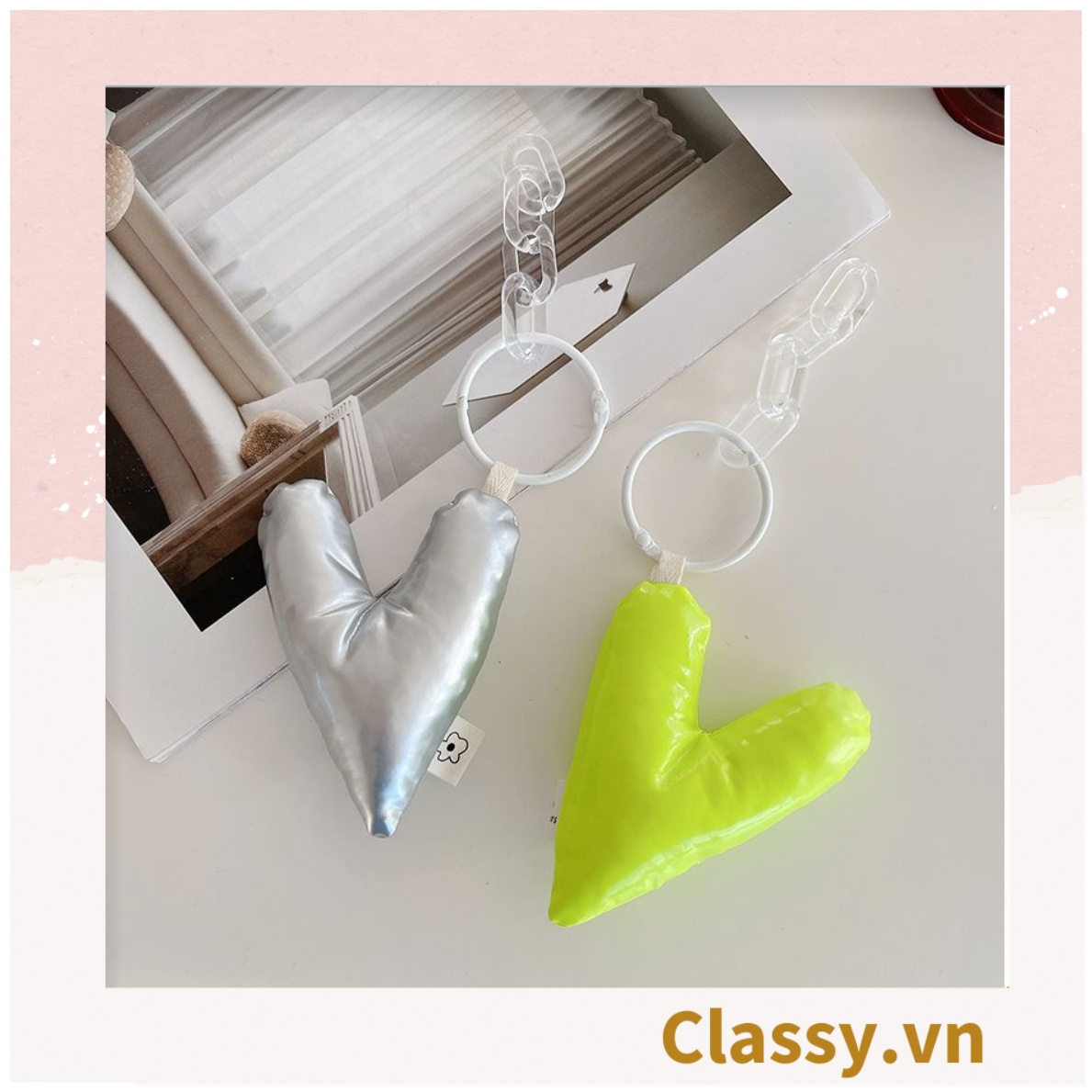 Classy Móc khóa đeo túi, ba lô hình trái tim metalic màu bạc , móc khóa  balo, ví T1766