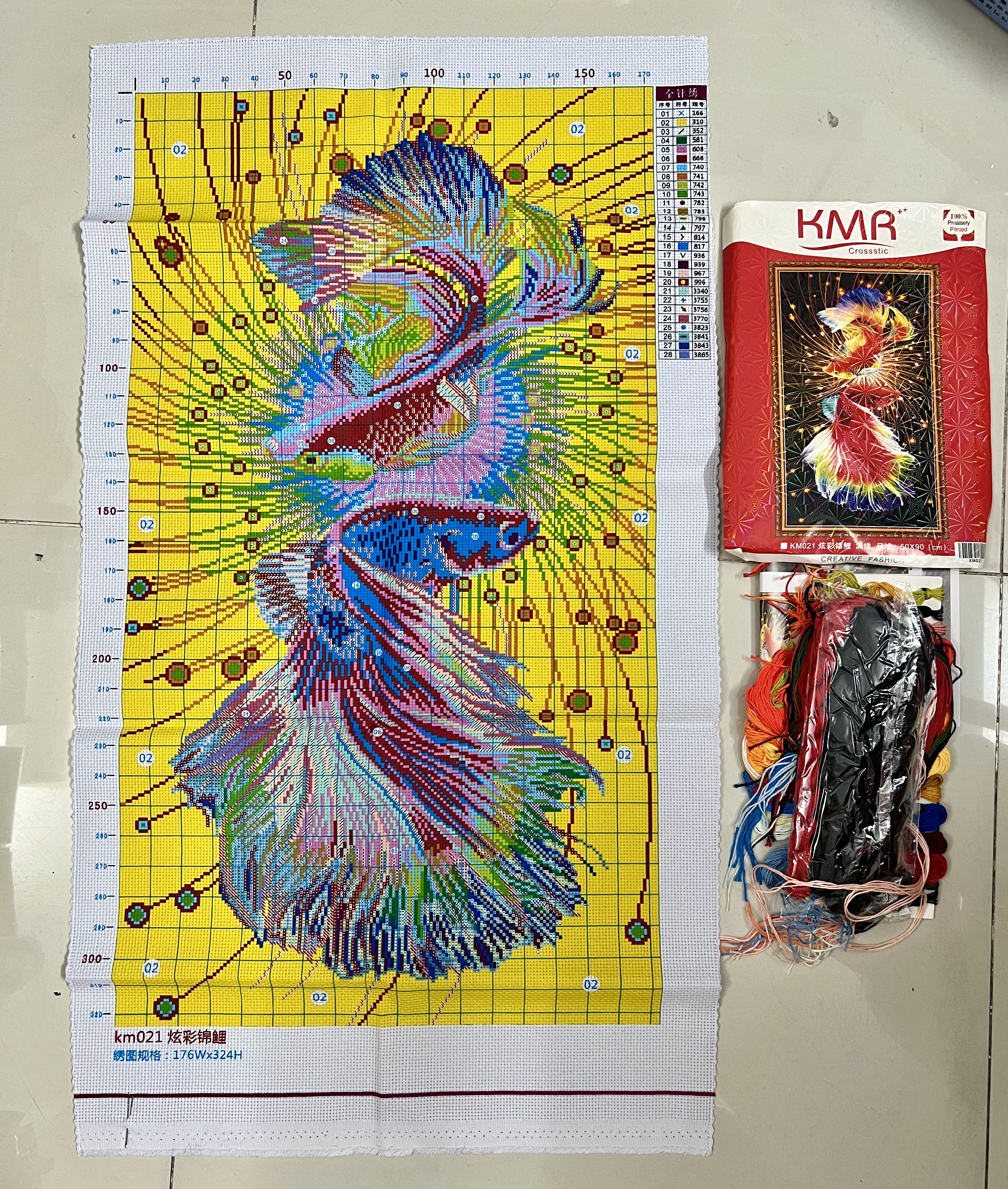 Tranh thêu kín Vũ điệu song ngư KM021, kích thước 50 *90 cm