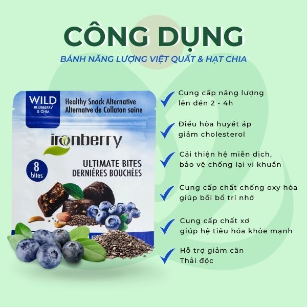Bánh năng lượng việt quất & hạt chia IRONBERRY thực phẩm dinh dưỡng thuần chay ăn kiêng KOSHER, không GMO, không GLUTEN