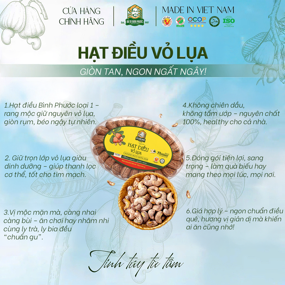 Hạt Điều Vỏ Lụa Bà Tư Bình Phước 160G – Giòn Bùi Tự Nhiên, Đậm Đà Hương Rang Củi