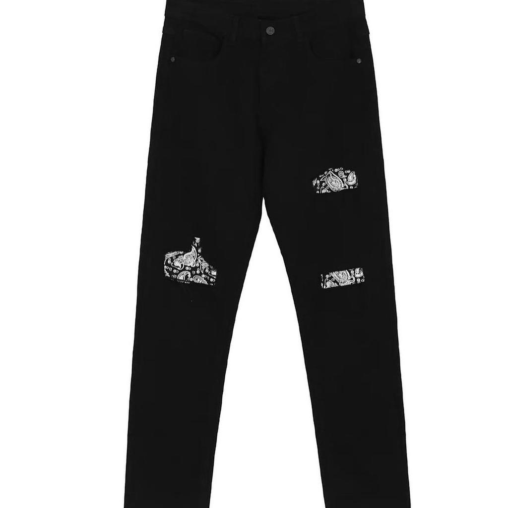 Quần jean nam rách gối họa tiết bandana,quần jean đen miuzi DT028