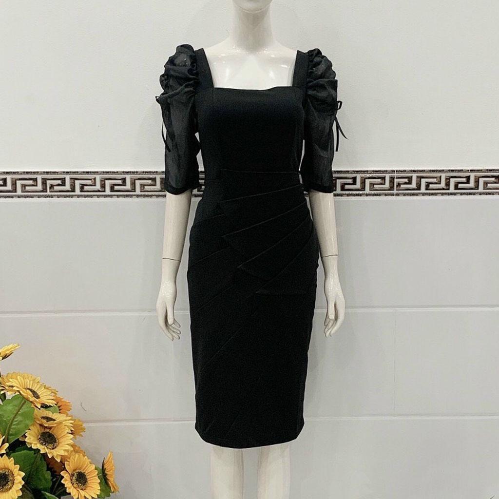 Váy Đầm Ôm Body Tay Lỡ Thiết Kế Cổ Vuông Chất Liệu Thun Kết Hợp Lụa Mềm Mát Phối Lưới