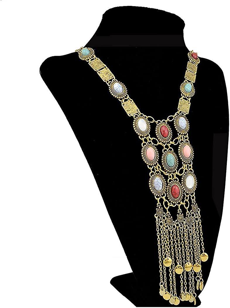 Phụ nữ cổ điển Boho Tuyên bố vòng cổ màu ngọc lam bộ lạc dân tộc dài đính cườm trang sức (Sliver)