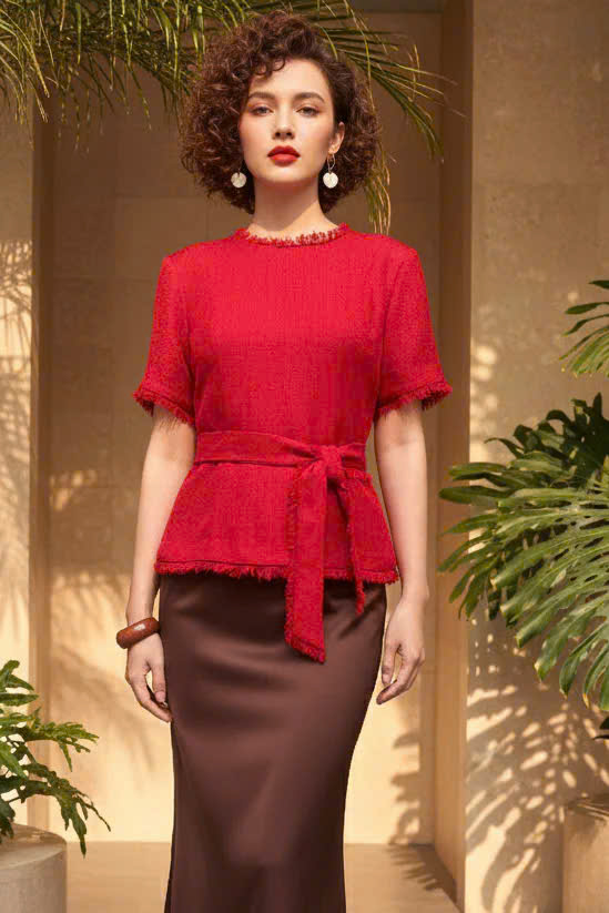 Áo Thắt Eo Peplum Tweed Đỏ Thanh Minh thời trang thiết kế Hity Top213Red