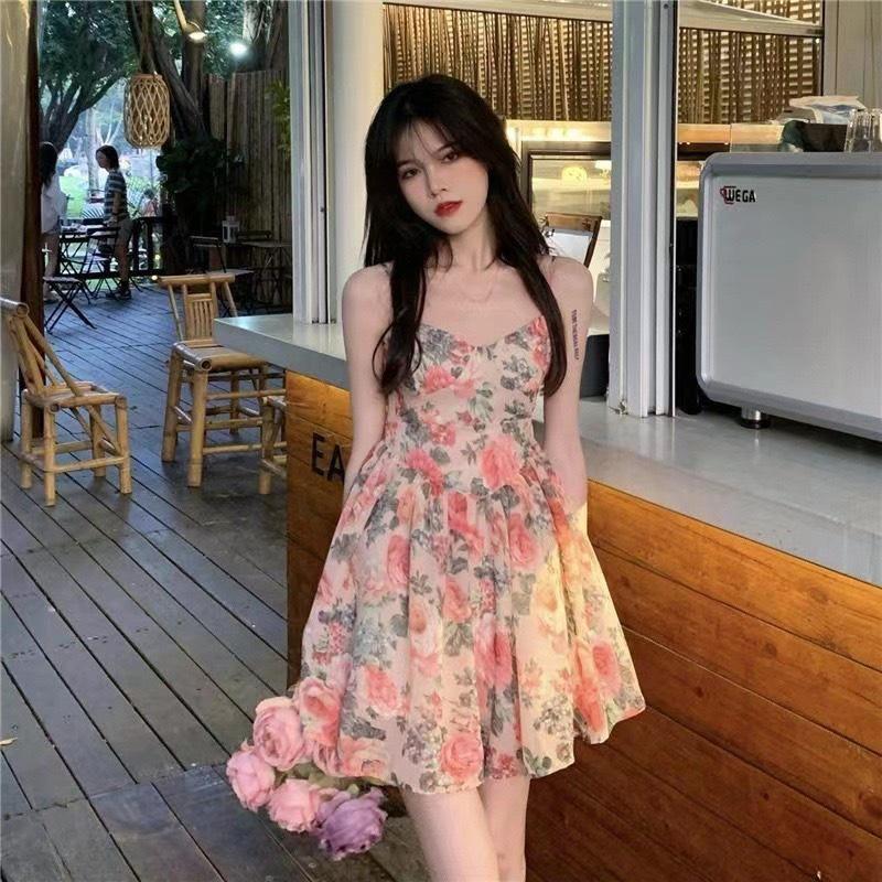 Váy nữ đầm vintage sang chảnh hai dây eo cao hoa hồng mùa hè siêu xinh Pasana0002v
