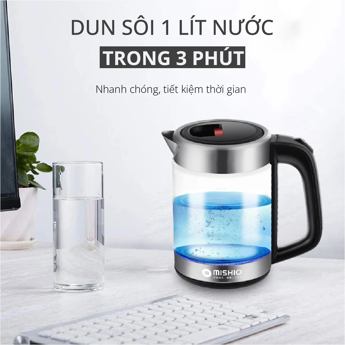 Bình đun 1.8L thủy tinh borosilicate mâm inox 304 Mishio MK341 - Hàng chính hãng