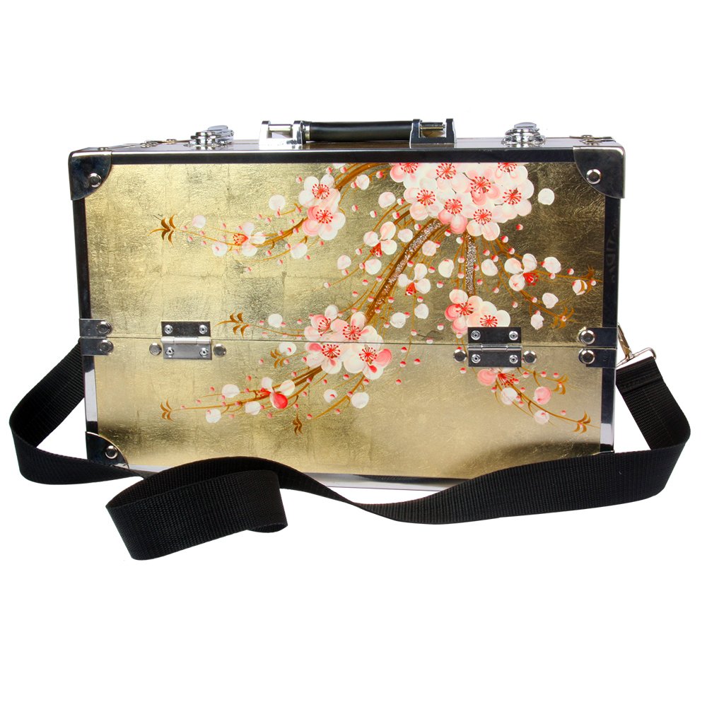 Cốp sơn mài cao cấp Hana đựng mỹ phẩm, đồ phun xăm, nail, nối mi sơn mài dát vàng cẩn vỏ trứng, họa tiết vẽ tay cao cấp, viền khung nhôm chắc chắn, bọc góc inox size 40x20x26 cm