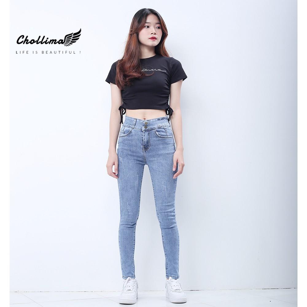 Quần jeans dài nữ co giãn Chollima cạp thường lưng bản to mài xước màu xanh nhạt QD030