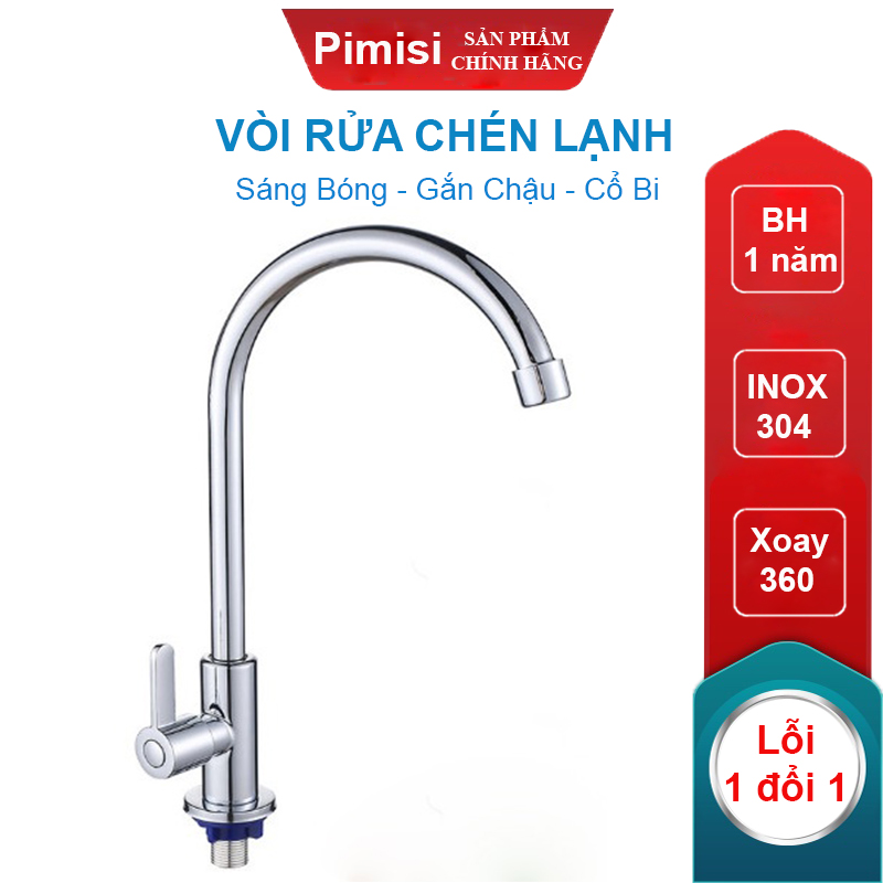 Vòi Rửa Chén Lạnh 1 Đường Nước INOX 304 Pimisi Cao Cấp Mạ Xi Cr/Ni Sáng Bóng Cổ Xoay Bi Cấp Nước Cho Chậu Rửa Bát 1-2-3 Hố Trong Nhà Bếp Gắn Chậu Âm - Dương Bàn Đá Quay 360 Tăng Áp Kiểu Đơn Cổ Ngỗng Cần Cứng - Thân - Để To | Hàng chính hãng