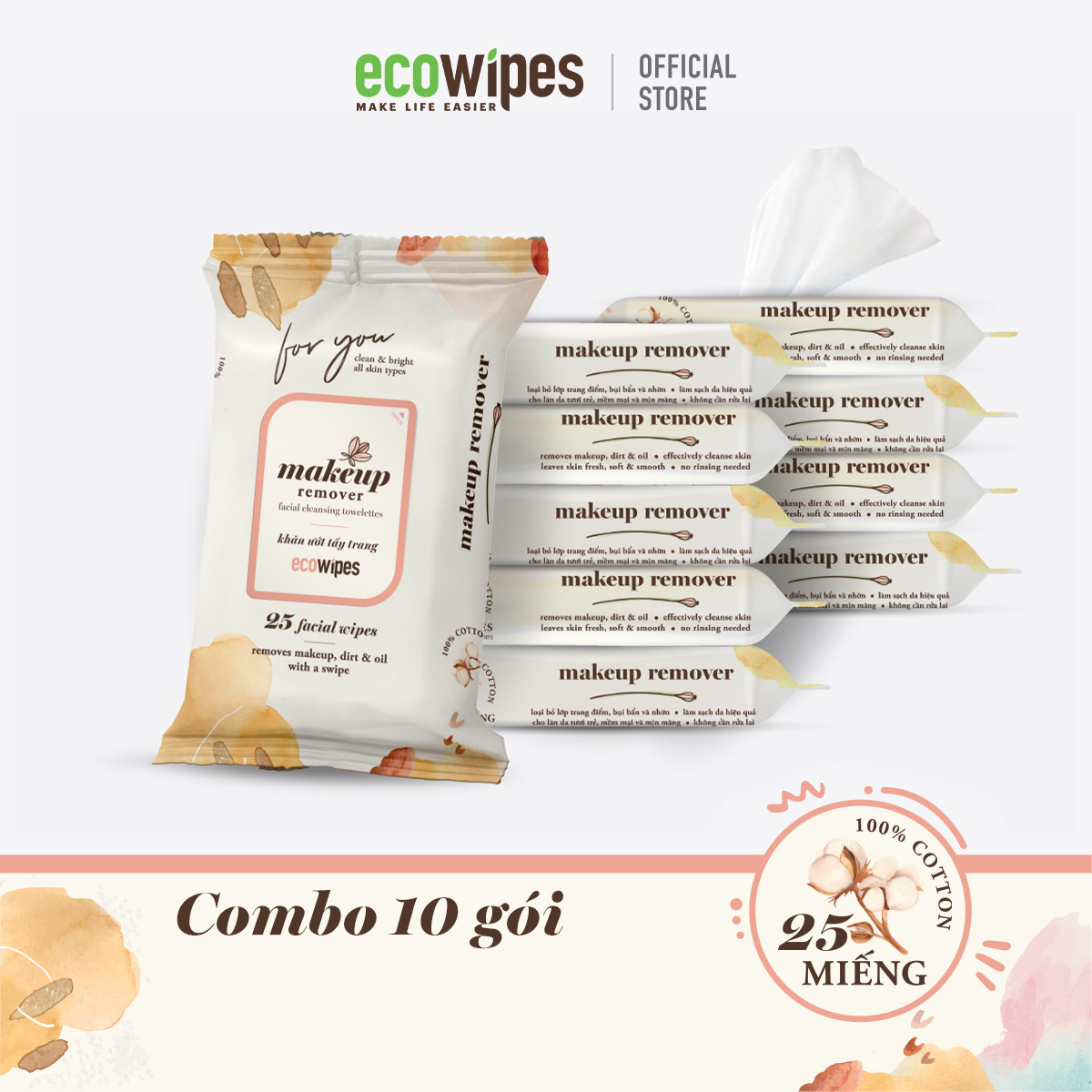 Combo 10 gói khăn giấy ướt tẩy trang Makeup Remover Ecowipes gói 25 tờ làm sạch lớp trang điểm nhanh chóng