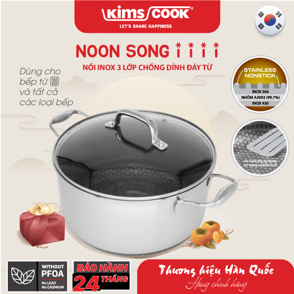 Nồi KIMS COOK Noon Song inox 3 lớp đáy từ nắp kính chống dính 2 mặt