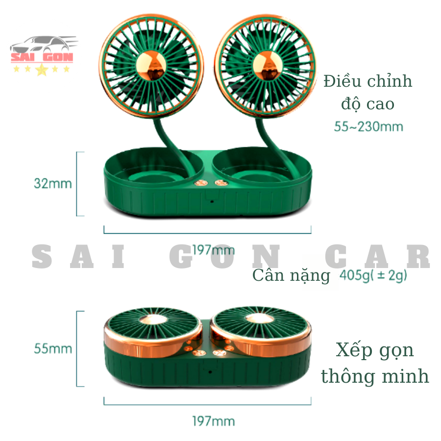 Quạt mini văn phòng động cơ kép mạnh mẽ, dây nguồn USB, xài điện 12V , quạt có thể xoay 360 độ và gấp gọn.