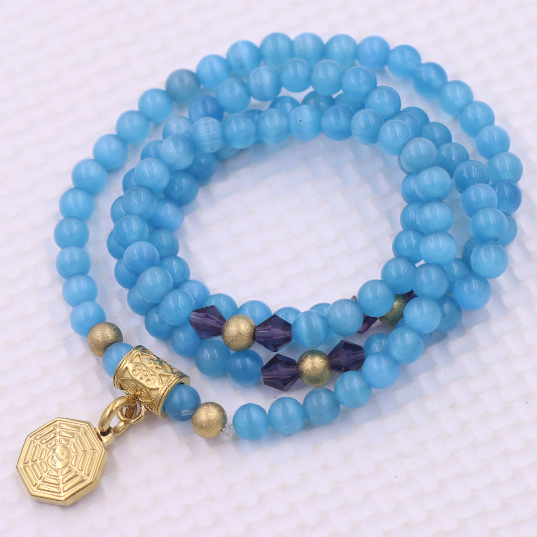 Vòng chuỗi 108 hạt đá mắt mèo xanh biển 6 ly charm bát quái inox - vòng chuỗi niệm Phật, vòng tay chuỗi hạt