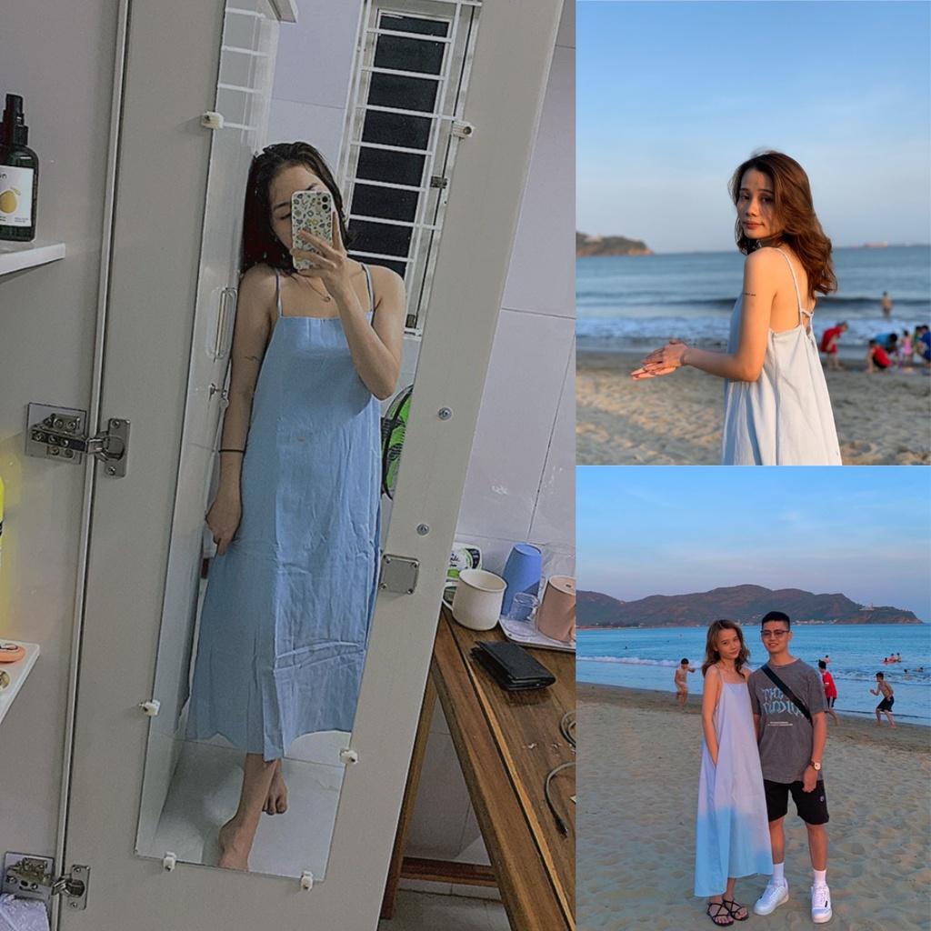 Đầm 2 dây maxi đi biển, Đầm yếm form rộng dáng suông Cao Cấp màu xanh dương dài hở lưng cột nơ sau - MiNhi