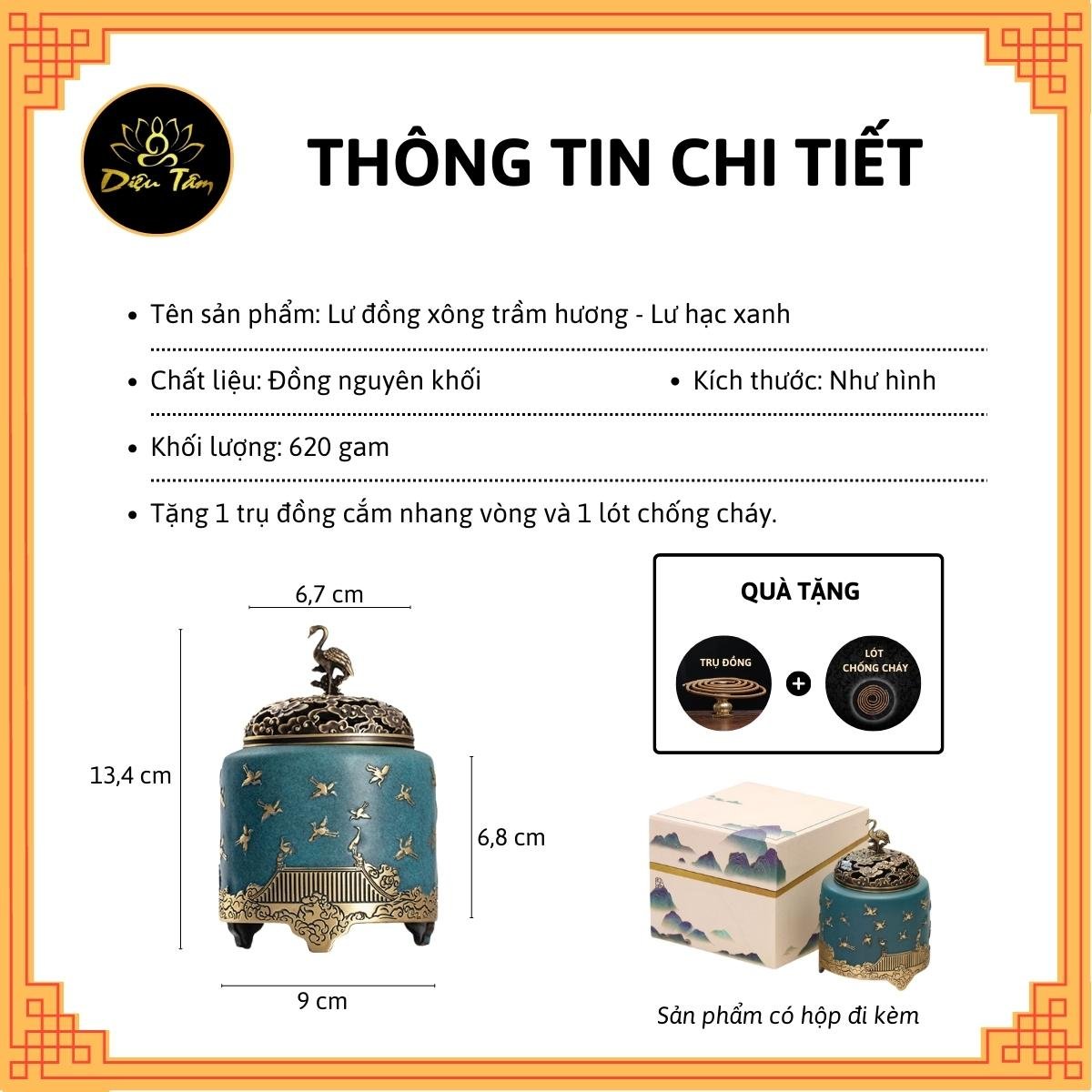 Lư đồng xông trầm, lư xông trầm dùng để xông trầm hương thay cho thác khói trầm hộp quà tặng lư hạc xanh