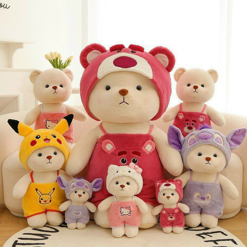 Gấu Bông Teddy Lena Đội Mũ Đeo Yếm Lotso, Stitch, Pikachu Cực Cute 32cm Cao Cấp
