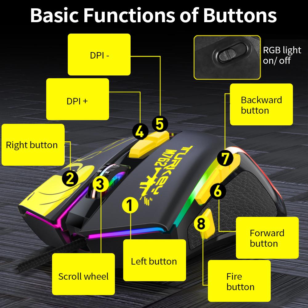 Chuột chơi game có dây RGB Ergonomic 8 nút có thể lập trình 800/100/1600/2400/400/600DPI / RGB Light