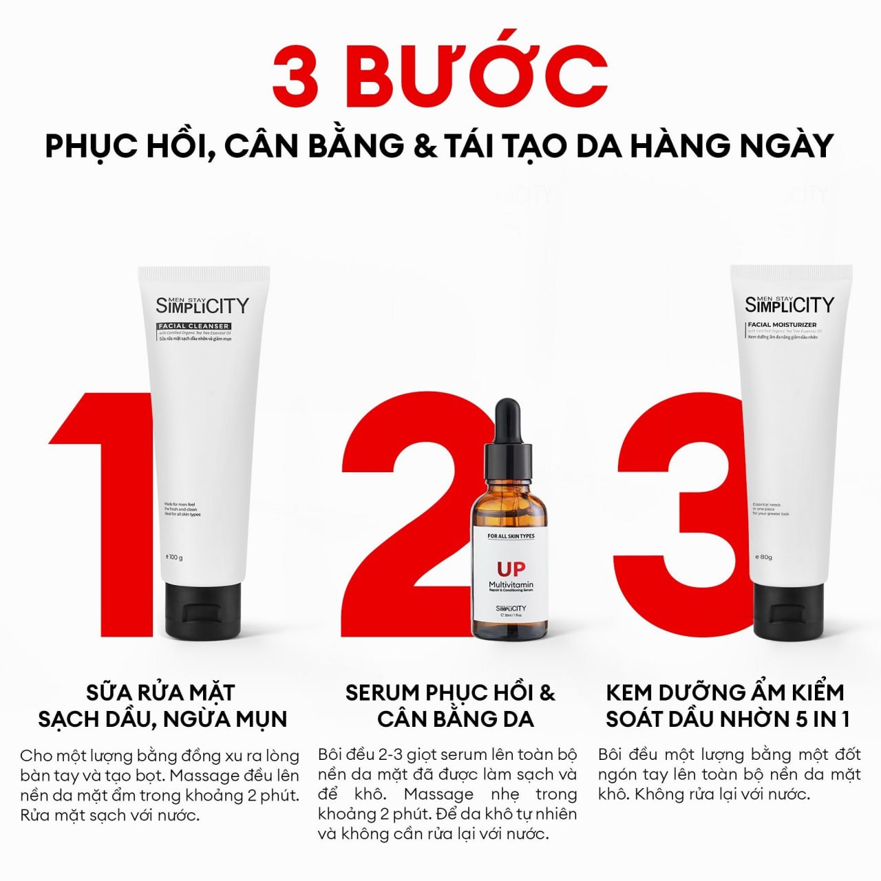 Bộ sản phẩm chăm sóc Men Stay Simplicity phục hồi & cân bằng da cho nam Recovery Trio: 01 Sữa rửa mặt 100g x Seurm 30ml x Kem dưỡng ẩm 80g