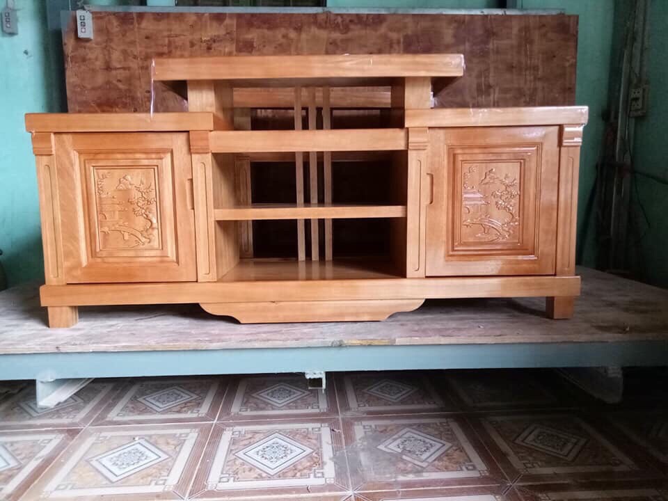 Kệ tivi dài 1,6m gỗ xoan đào kiểu mâm màu cánh gián KMX16 vân gỗ tự nhiên, phun PU tỉ mỉ không cong vênh, không mối mọt