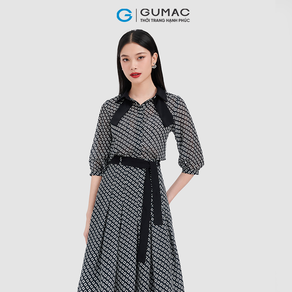 Áo sơ mi nữ GUMAC AC10082 phối cổ và dây nơ thanh lịch