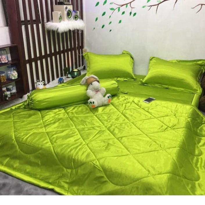 Bộ Chăn Trần Bông Ga Gối Phi Lụa 5 Món Cao Cấp LAN PHAM BEDDING - Màu Xanh Cốm