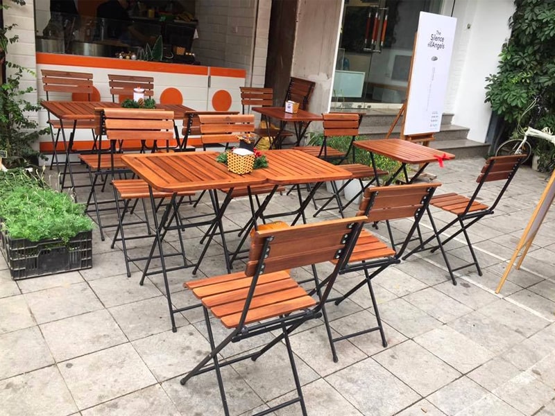 Ghế xếp cafe patio cao nan gỗ chân sắt sơn tĩnh điện