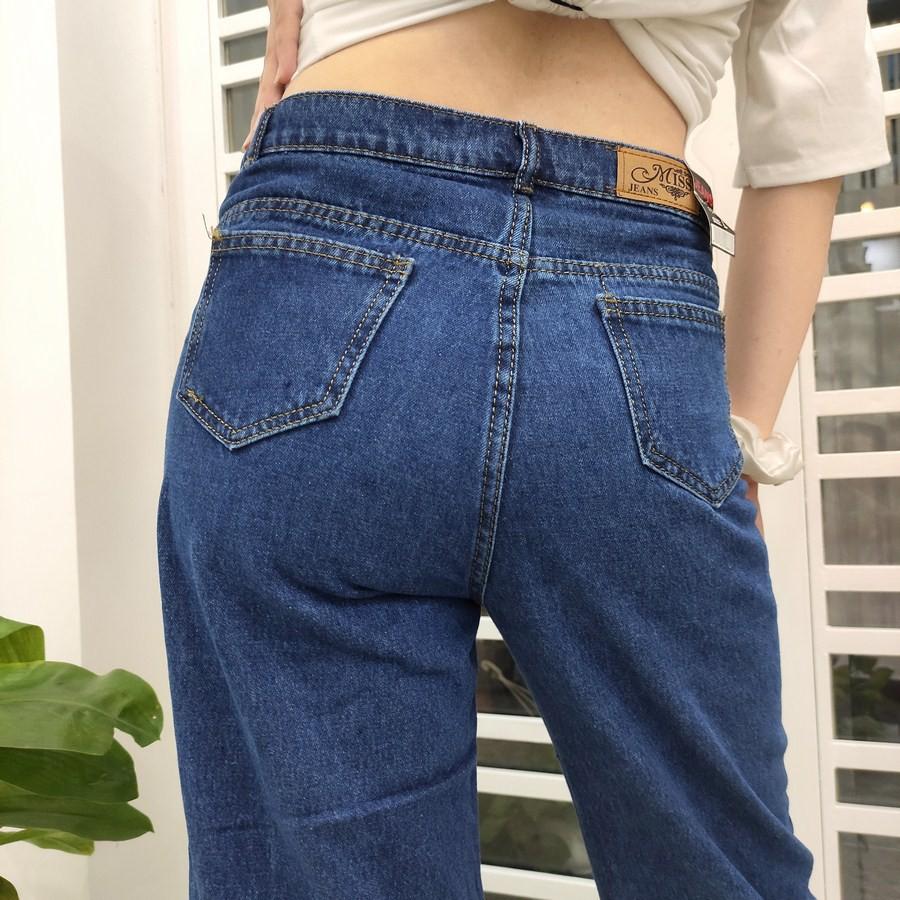 Quần baggy jean nữ Q682 xanh đậm cạp cao rách gối INICHI