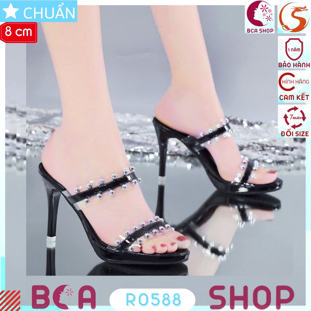 Giày sục nữ gót nhọn 8p RO588 màu đen ROSATA tại BCASHOP quai ngang trong kết hợp hạt châu kim loại sang trọng