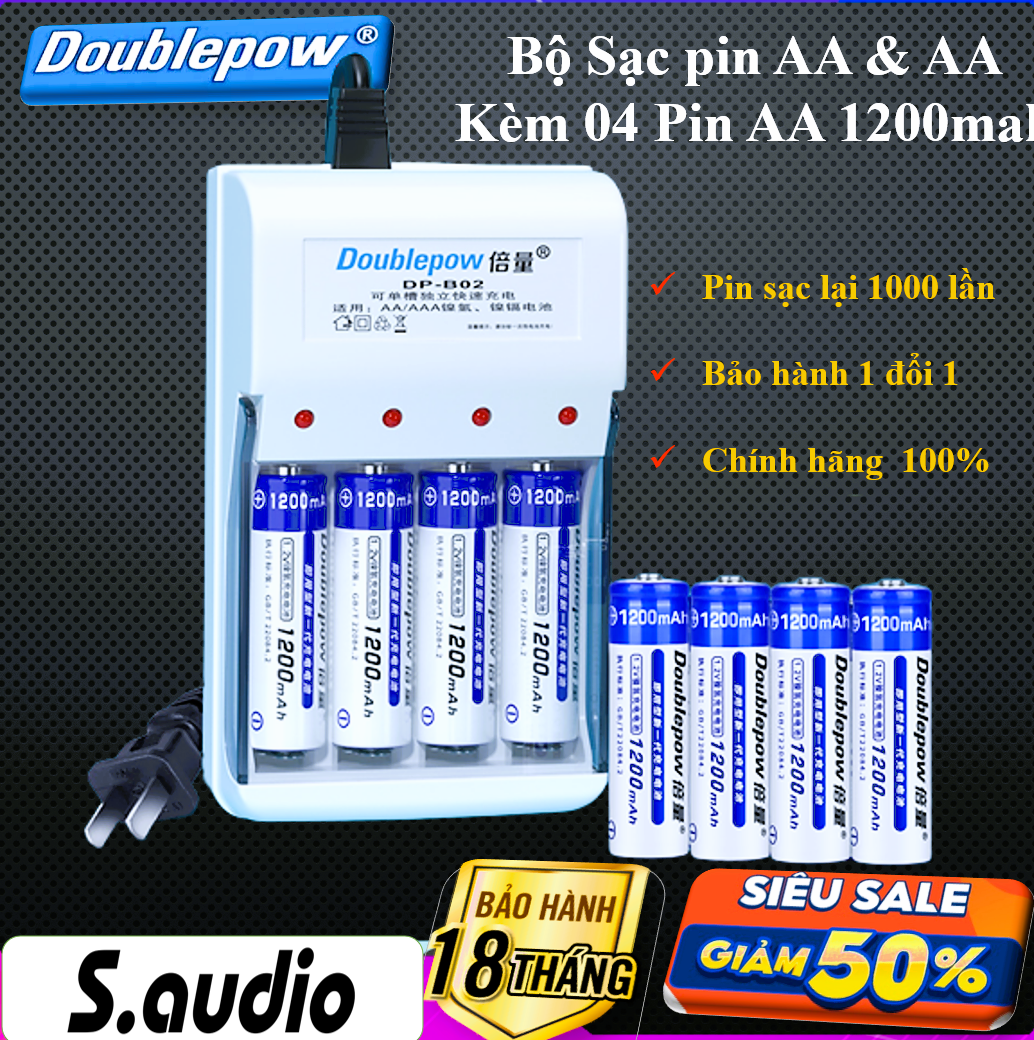 Combo 4 Pin sạc AA 1200mah và sạc đa năng Doublepow DP-B02