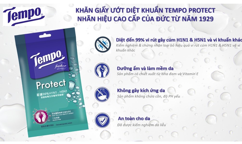 Khăn Ướt Tempo cao cấp, An toàn cho da, Diệt khuẩn 99% - Thương Hiệu Đức