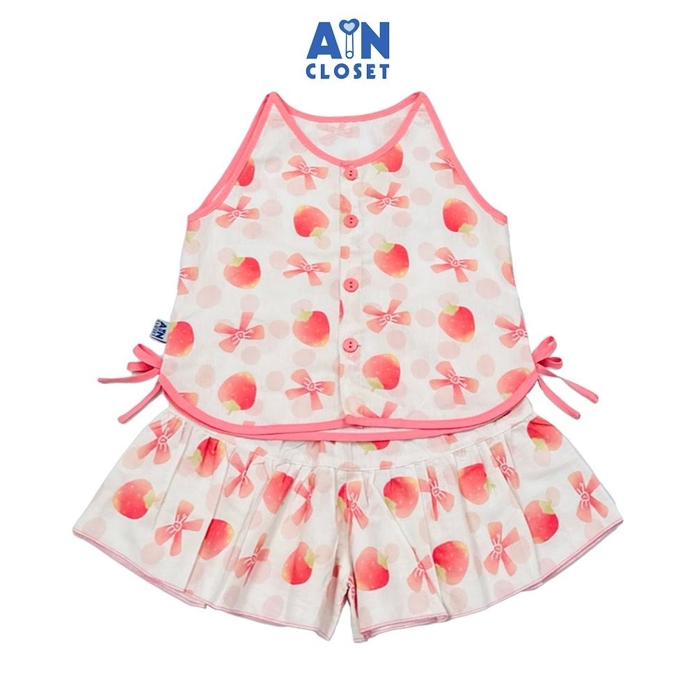 Bộ quần áo Ngắn bé gái hoạ tiết Dâu Nơ Hồng Cotton - AICDBGFS2UNR - AIN Closet