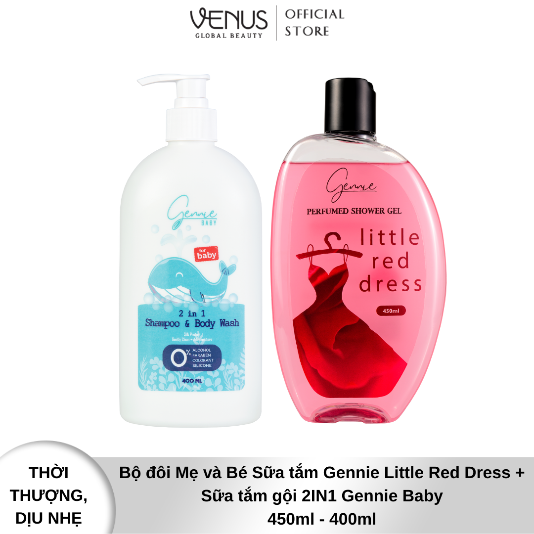 Bộ đôi Mẹ và Bé Sữa tắm Gennie Little Rose Dress + Sữa tắm gội 2IN1 Gennie Baby 450ml - 400ml