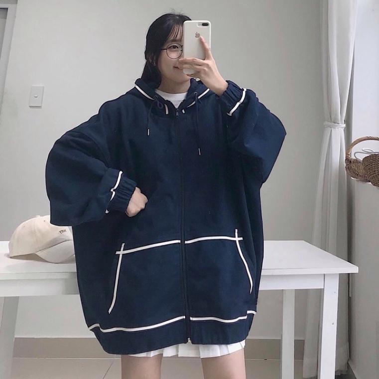 Áo Khoác Nỉ Khóa Dây Kéo Form Rộng Viền Trắng Ulzzang Unisex