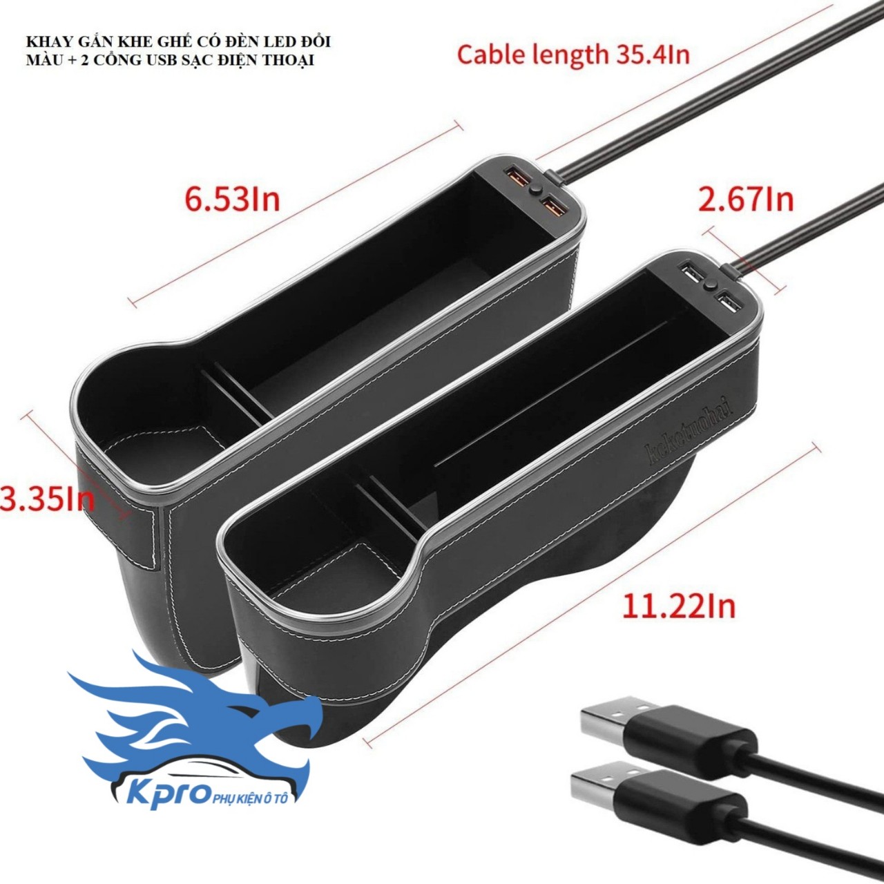 Khay đựng đồ khe ghế ô tô có đèn led + 2 cổng USB - Hàng Kpro chất lượng cao