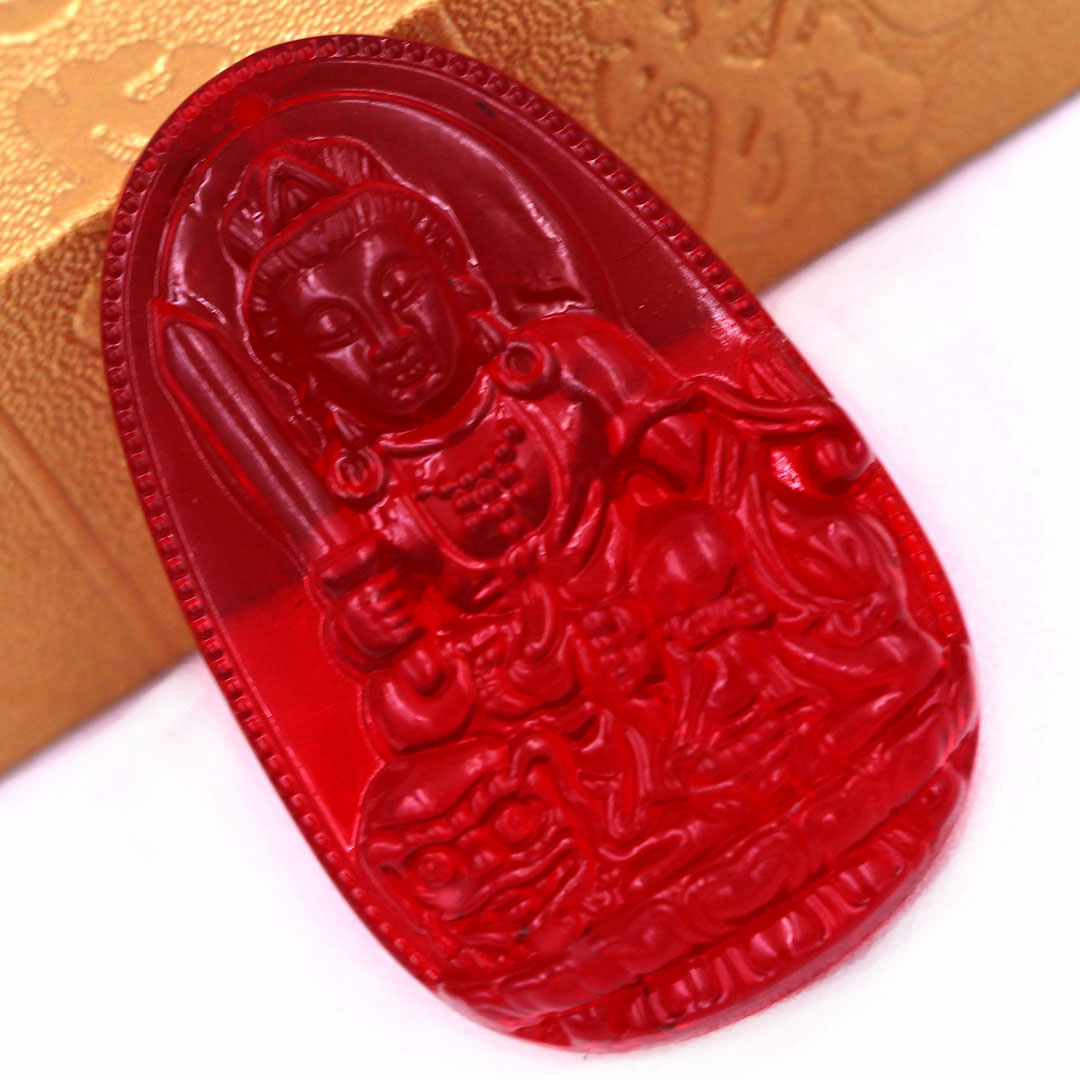 Mặt dây chuyền Phật Văn thù pha lê đỏ 3 cm kèm vòng cổ dây dù đỏ + móc inox vàng, Phật bản mệnh, mặt dây chuyền phong thủy