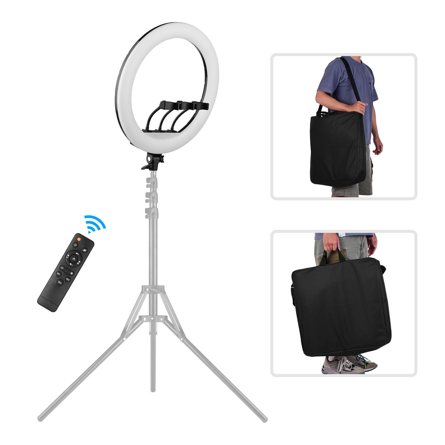 Bộ đèn chụp ảnh 18 inch LED Ring Light có thể điều chỉnh độ sáng vô cấp 2700K-6500K với 3 chiếc giá đỡ điện thoại Điều khiển từ xa - Đen