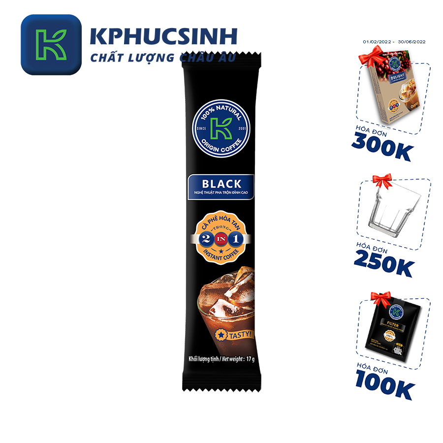 Combo 100 stick cà phê đen hòa tan Black 2in1 thương hiệu K-Coffee (17g/stick)