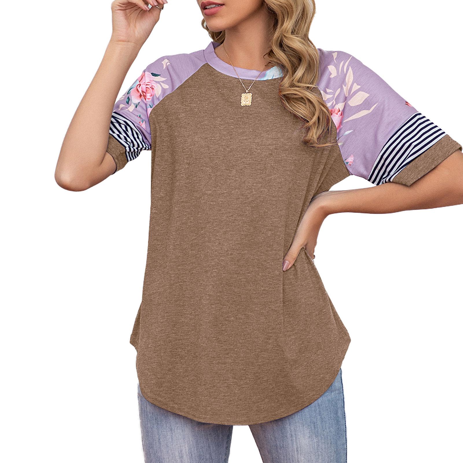 Women O-Neck Shirt Raglan Short Sleeve Splicing Floral Stripes Print Loose Fit Pullover Casual Summer Tops