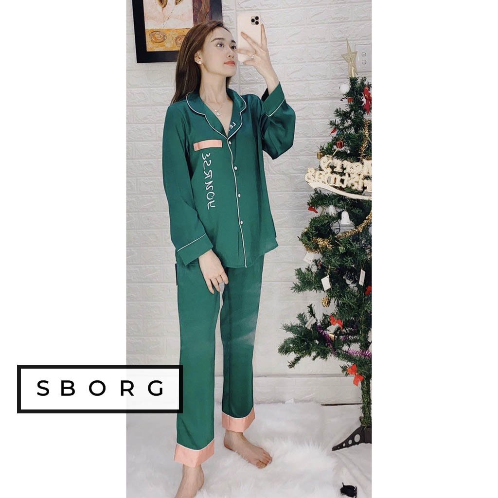 Bộ mặc nhà nữ siêu dễ thương SBORG đồ pijama lụa satin trơn mềm mát áo tay dài dễ thương kèm họa tiết nhỏ phối quần dài có tui đáng yêu bigsize 45-65kg quà tặng vợ thoải mái mặc nhà và đi ra ngoài