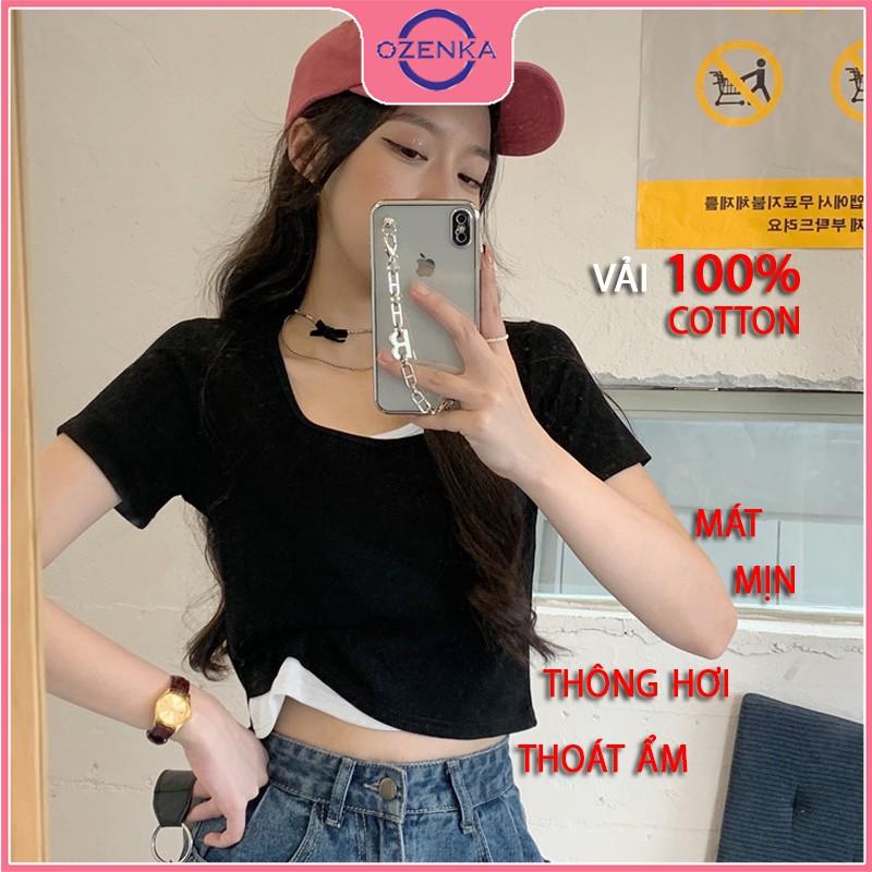 Áo croptop cổ vuông tay ngắn nữ ôm body cải màu xinh xắn chất thun gân cotton 100% nhiều màu một size dưới 50 kg 